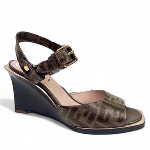 FENDI Tobacco Brown FF Zucca Logo Coated Canvas Wedge Sandals Size EU38.5